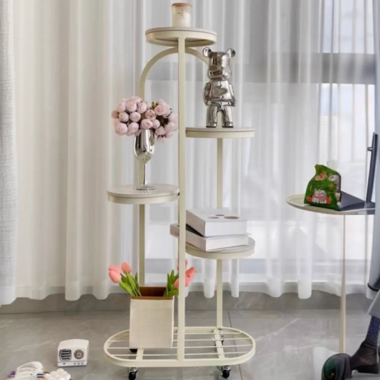 Round Faux Marble Tray Arched Plant Stand with Wheels Image - 8