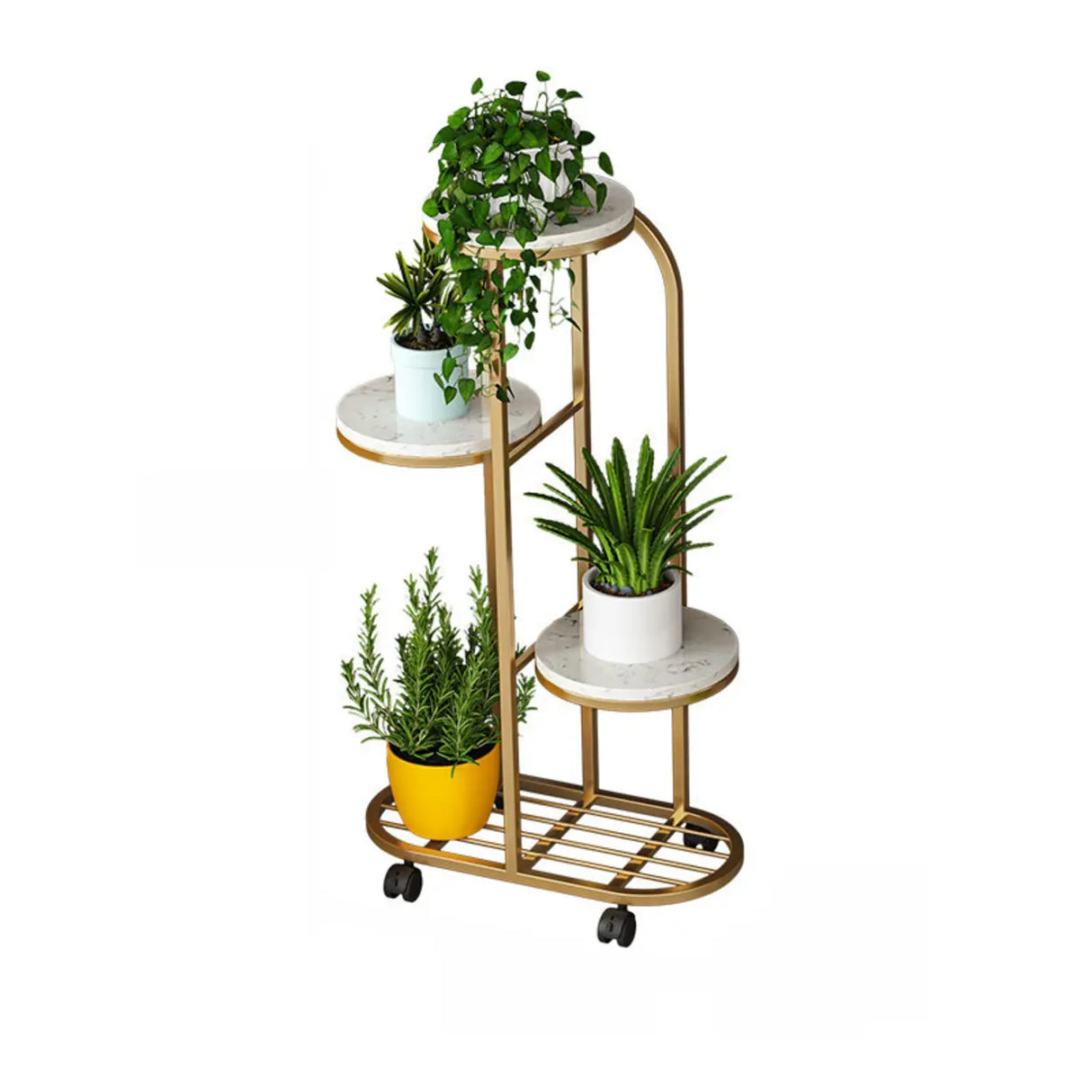 Round Faux Marble Tray Arched Plant Stand with Wheels Image - 9