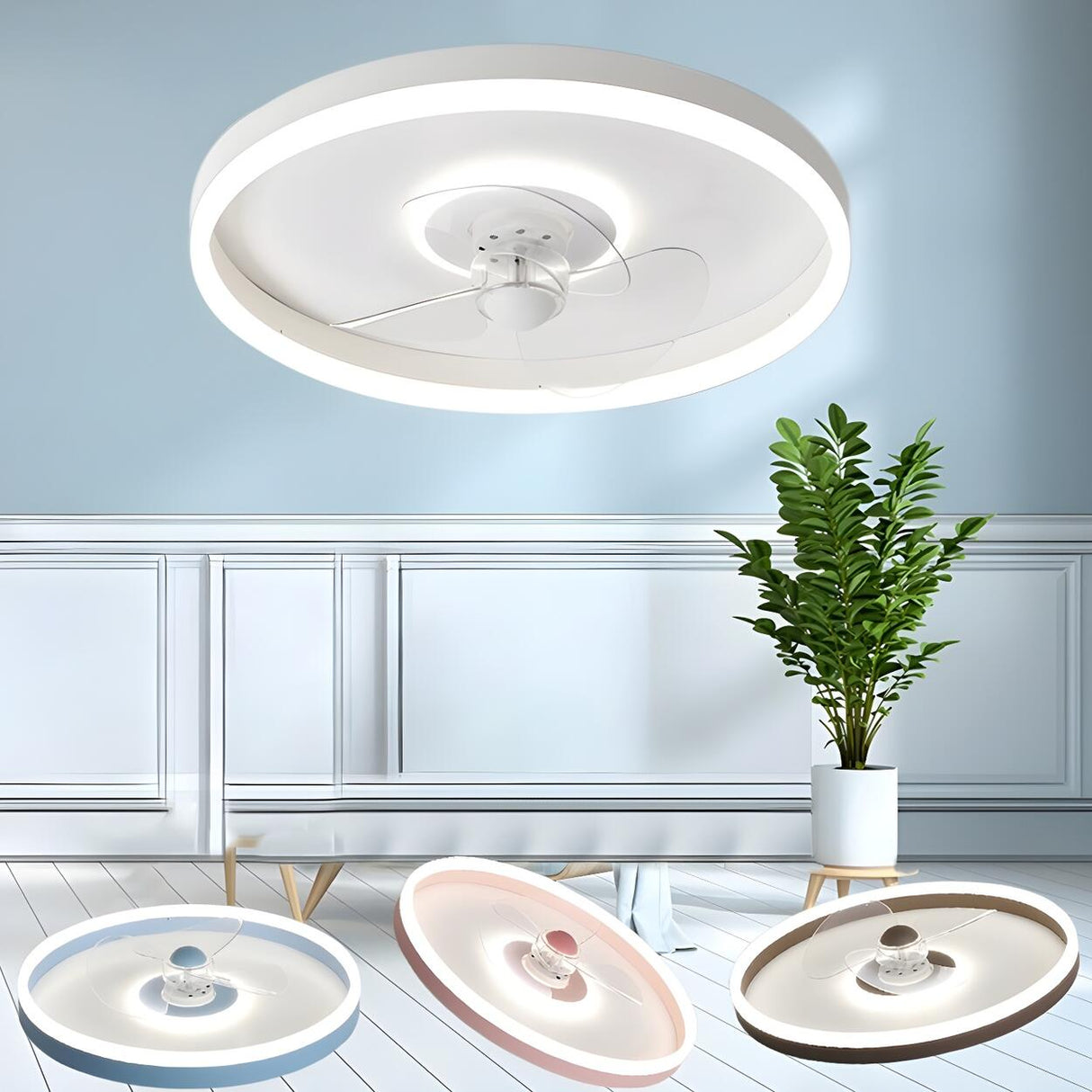 Round Flush Mount Modern Ceiling Fan with LED Light Image - 1