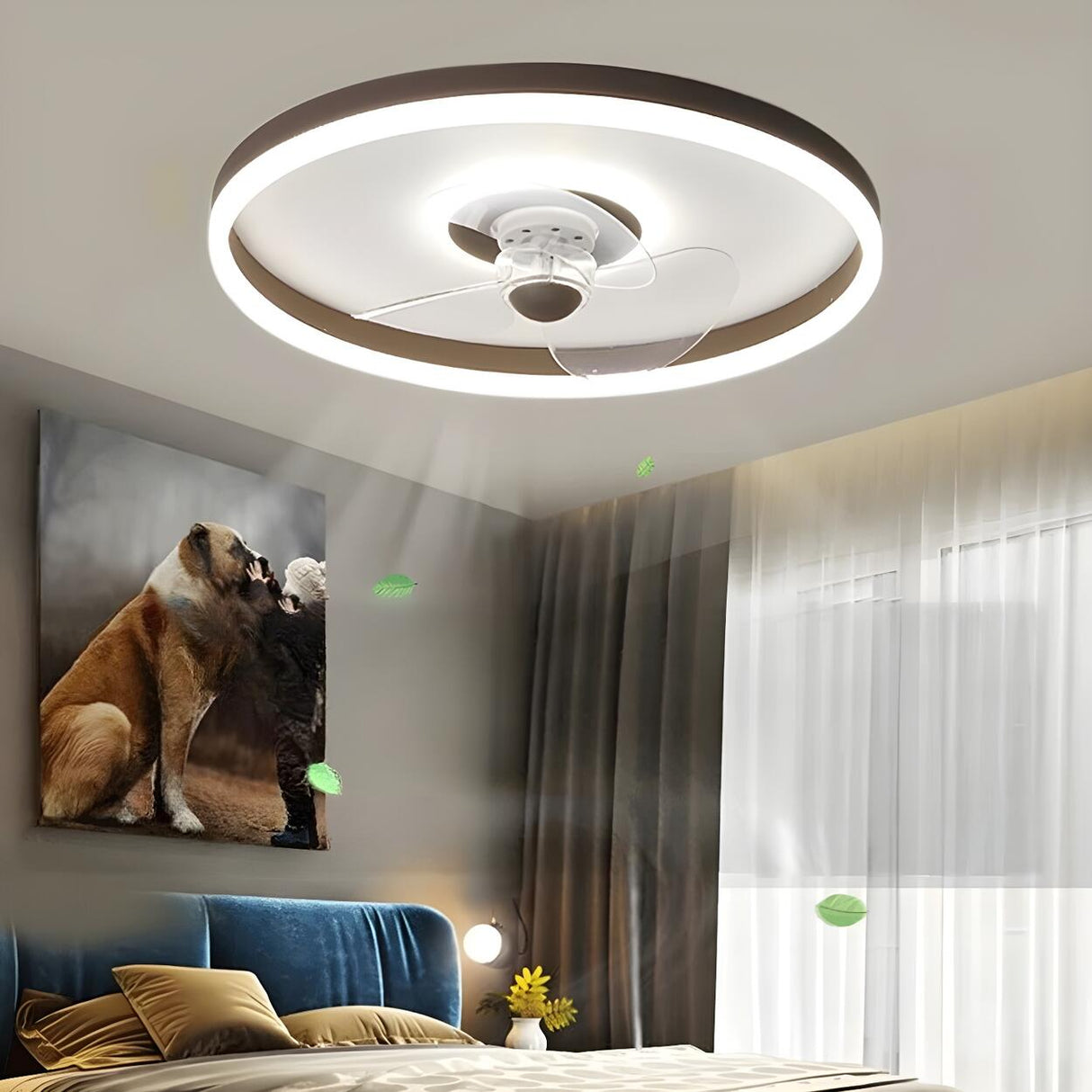 Round Flush Mount Modern Ceiling Fan with LED Light Image - 13