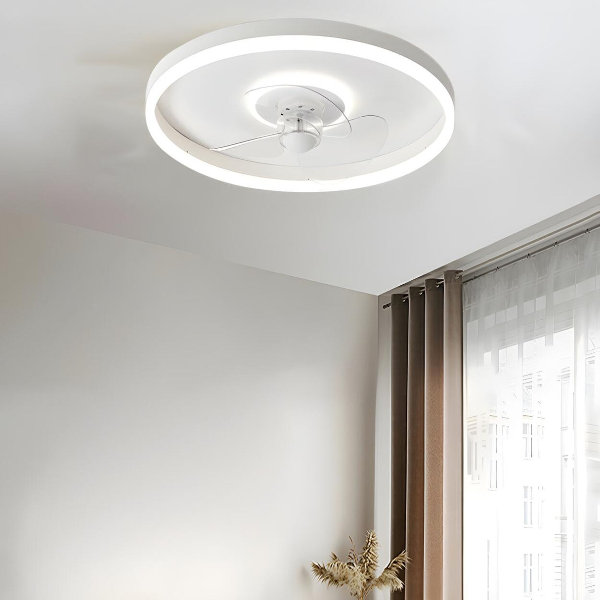 Round Flush Mount Modern Ceiling Fan with LED Light Image - 15