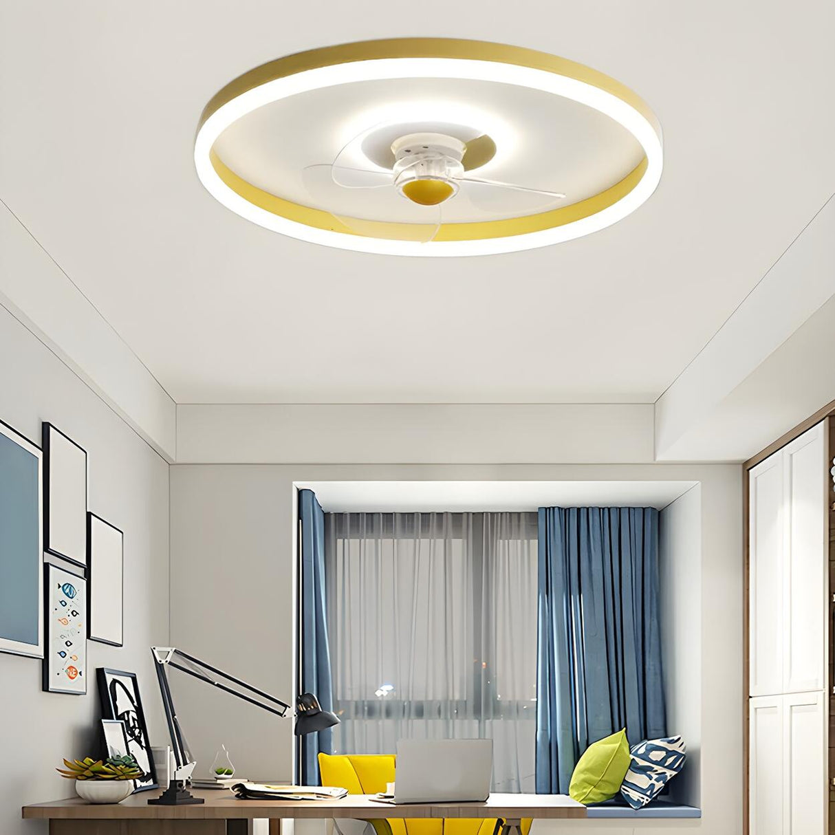 Round Flush Mount Modern Ceiling Fan with LED Light Image - 19