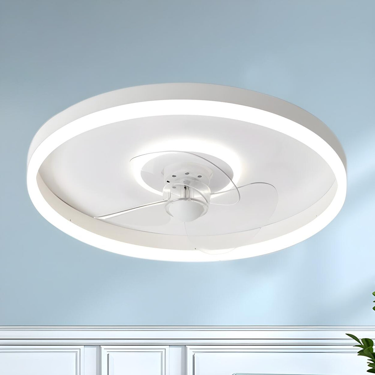 Round Flush Mount Modern Ceiling Fan with LED Light Image - 2