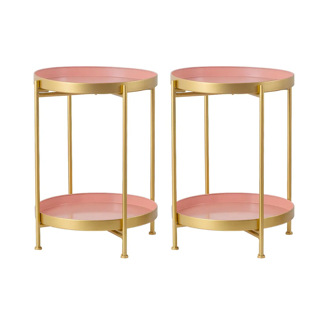 Round Iron Black Tray Top Storage Side Table with Shelf Image - 14