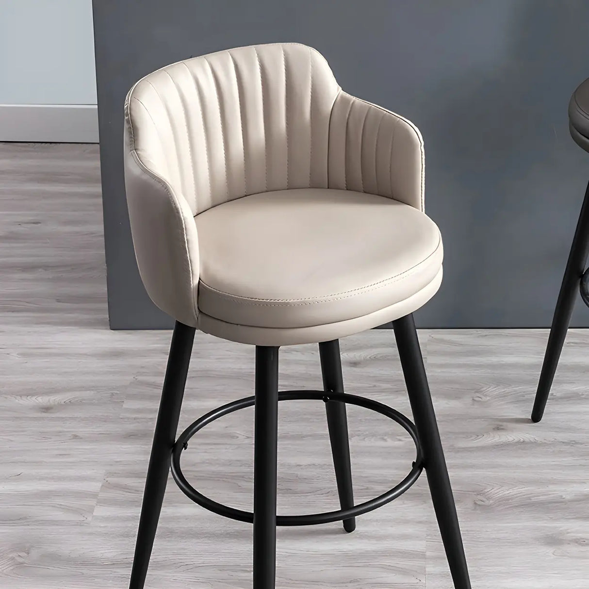 Round Leather Backrest Arm Black Iron Base Bar Stool Image - 11