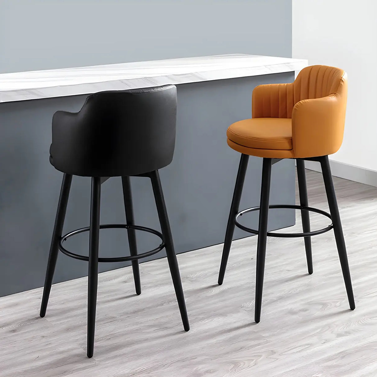 Round Leather Backrest Arm Black Iron Base Bar Stool Image - 6