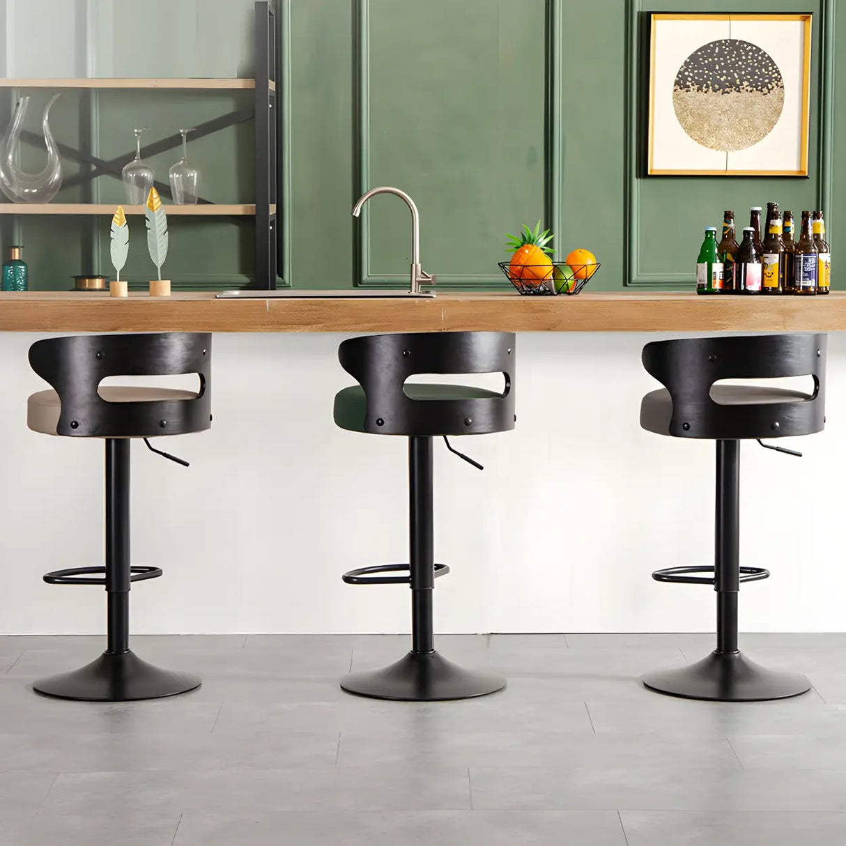 Round Leather Seat Adjustable Pedestal Swivel Bar Stool Image - 3