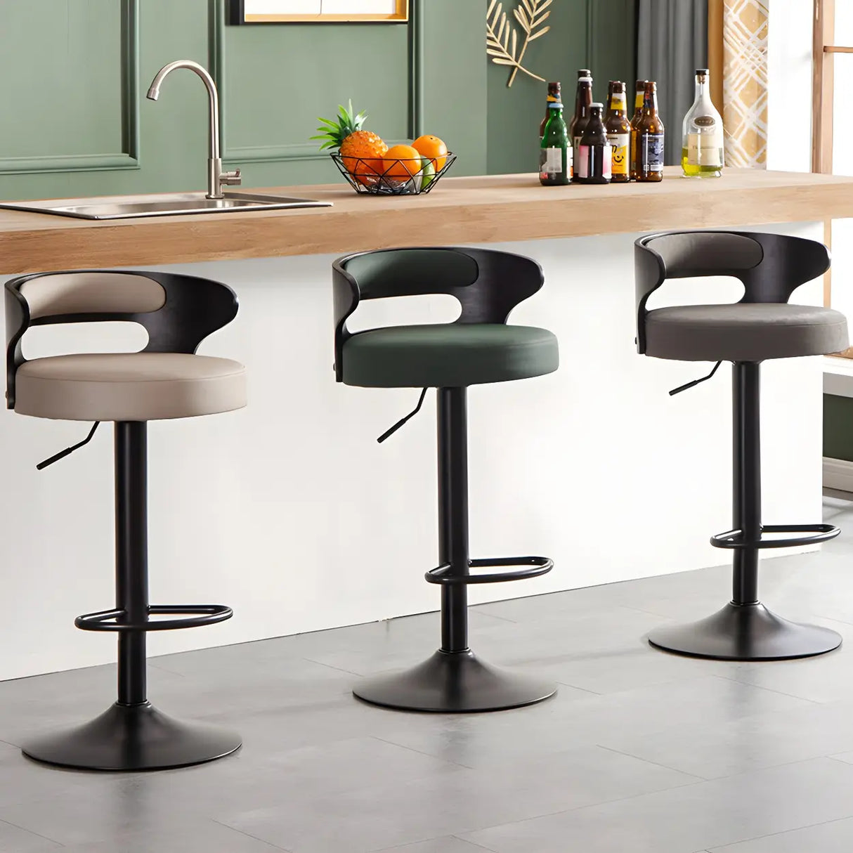 Round Leather Seat Adjustable Pedestal Swivel Bar Stool Image - 4
