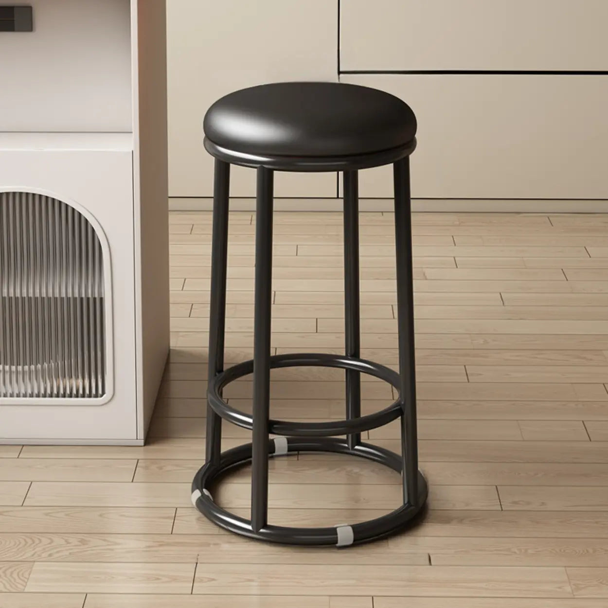 Round Leather Seat Steel Frame Backless Bar Stool Image - 10