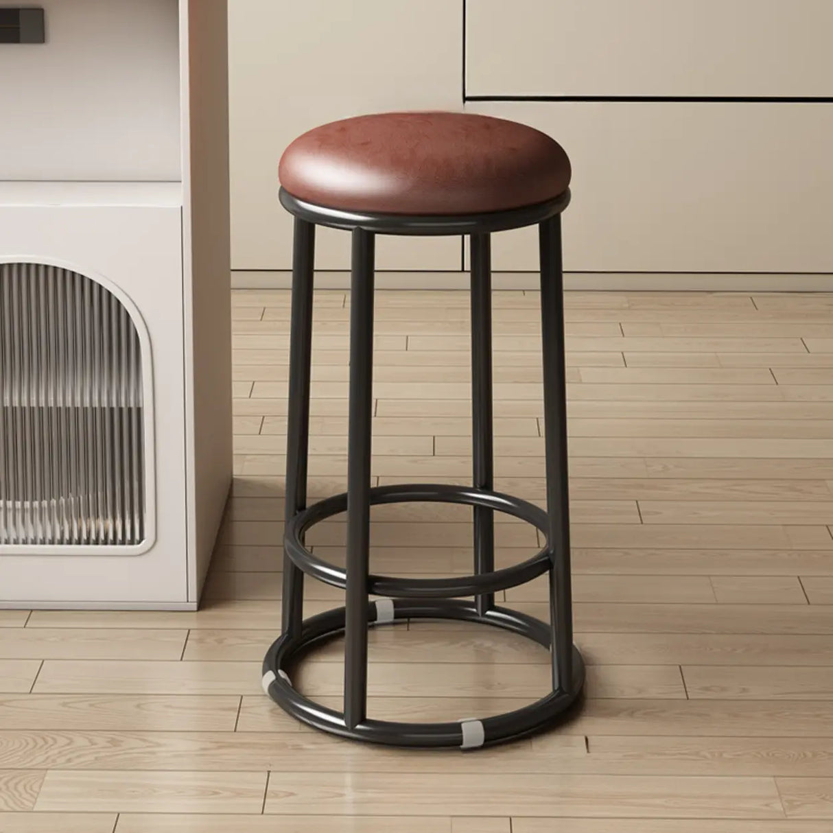 Round Leather Seat Steel Frame Backless Bar Stool Image - 12