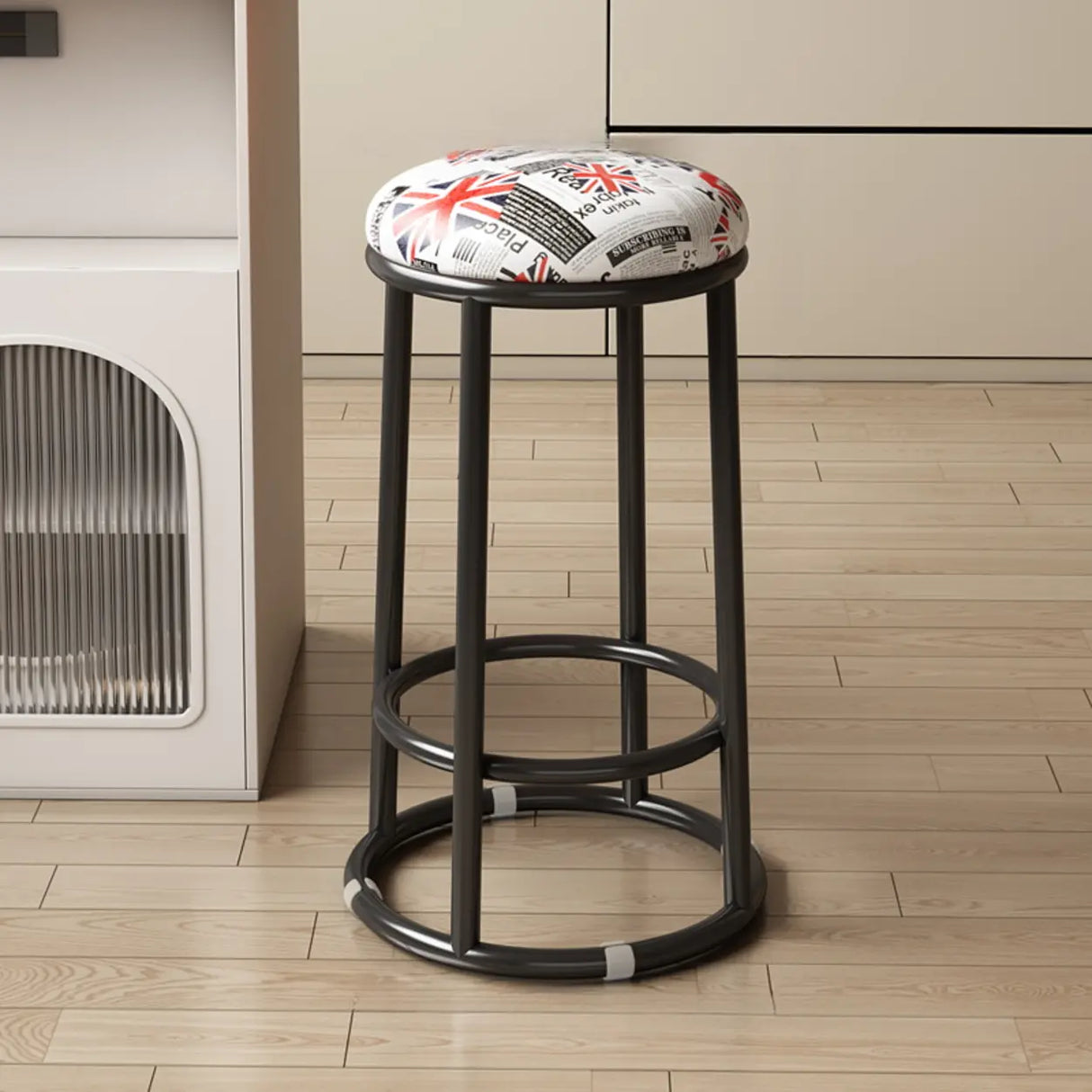 Round Leather Seat Steel Frame Backless Bar Stool Image - 13