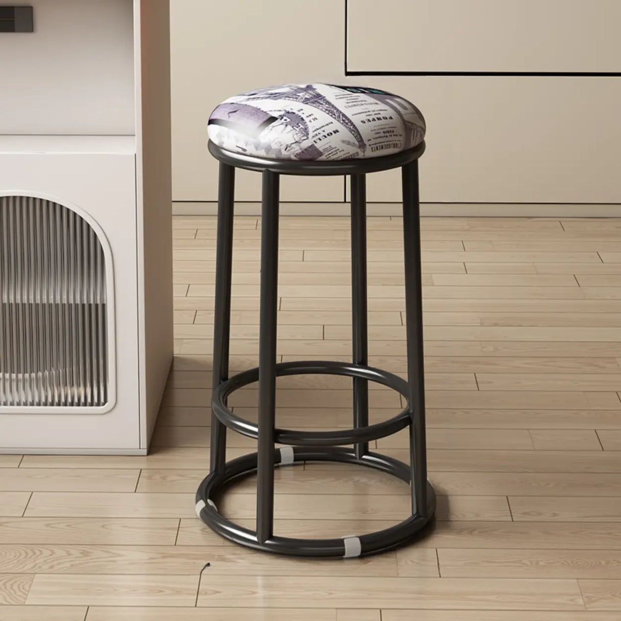 Round Leather Seat Steel Frame Backless Bar Stool Image - 15