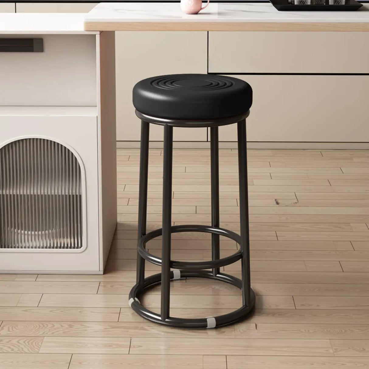 Round Leather Seat Steel Frame Backless Bar Stool Image - 16