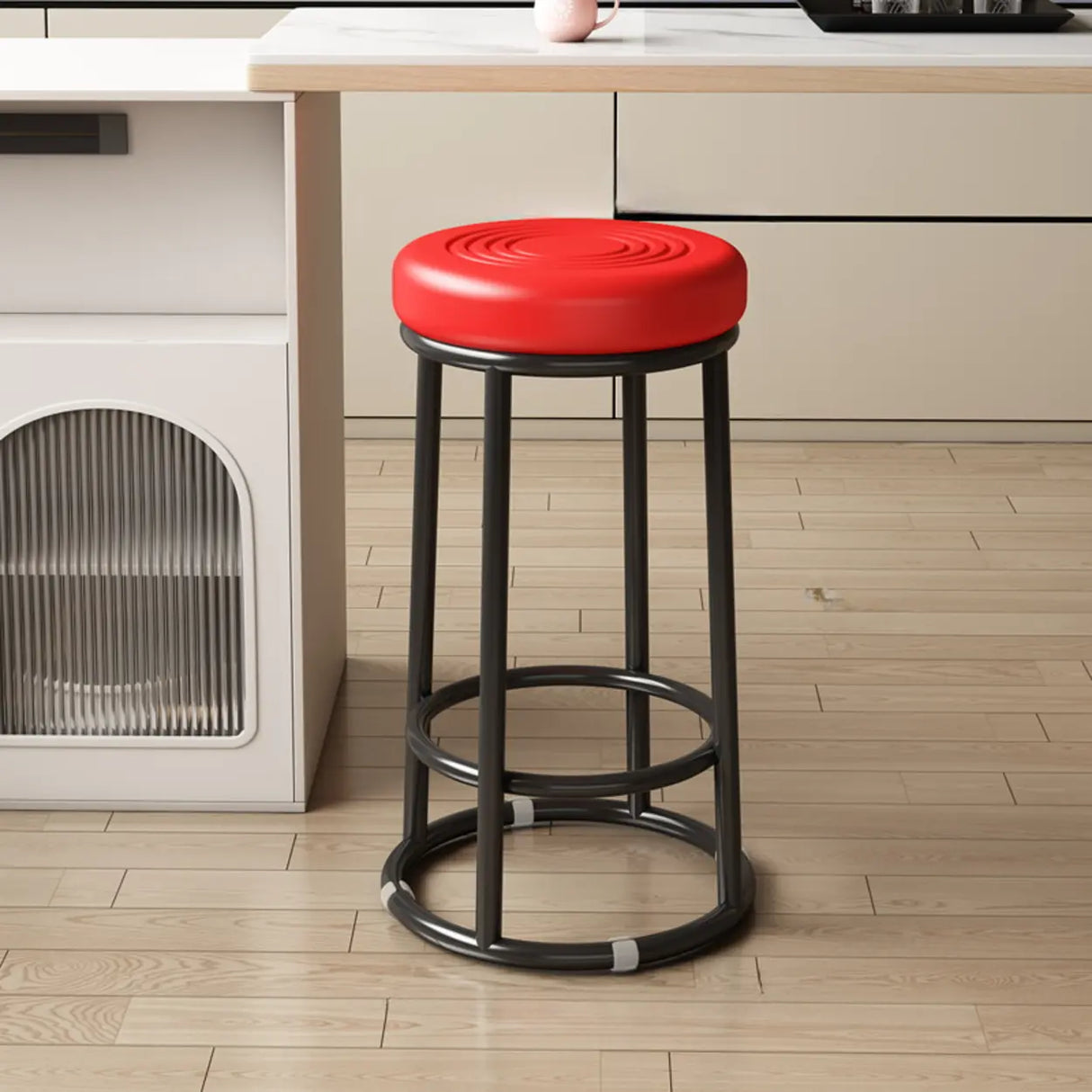 Round Leather Seat Steel Frame Backless Bar Stool Image - 17