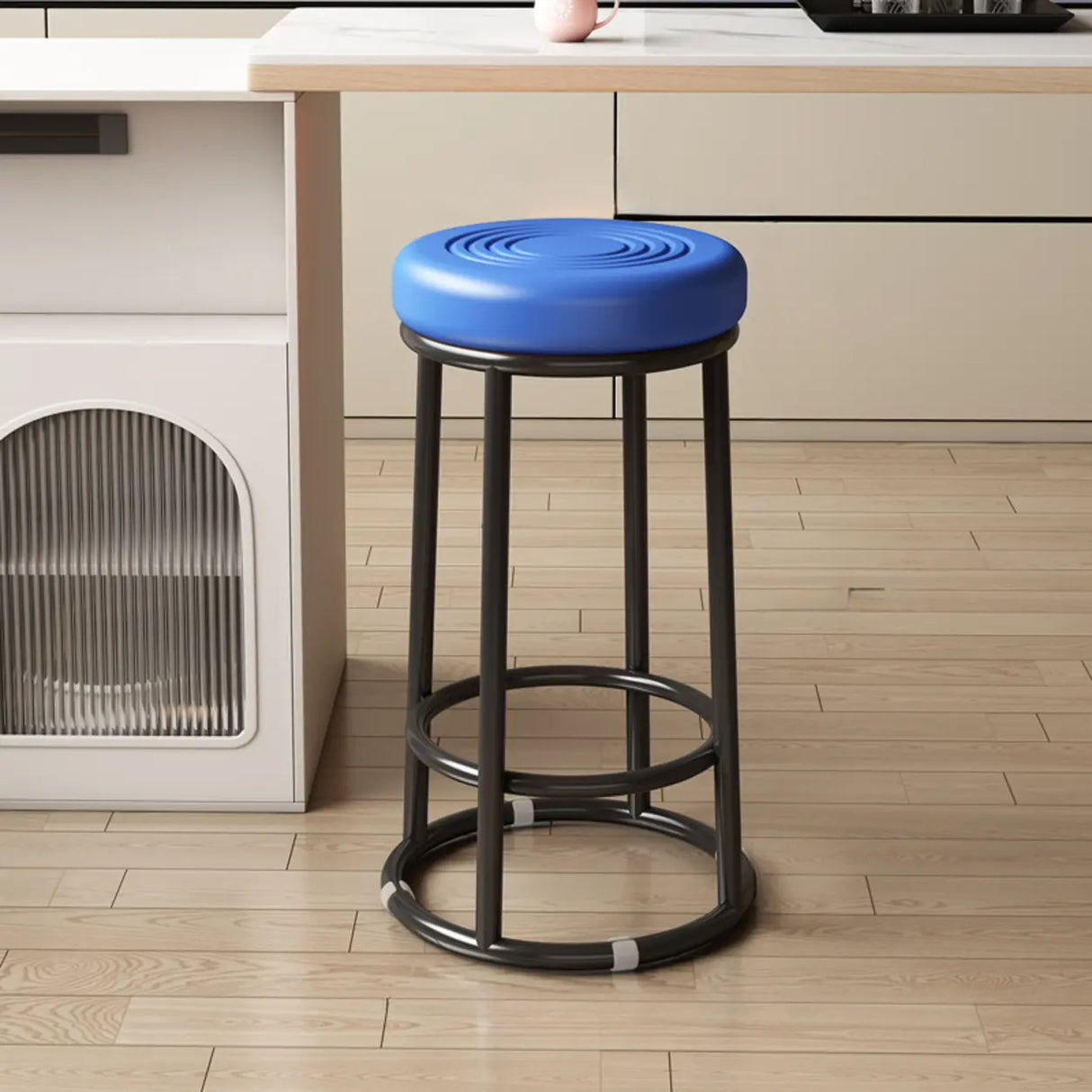 Round Leather Seat Steel Frame Backless Bar Stool Image - 19