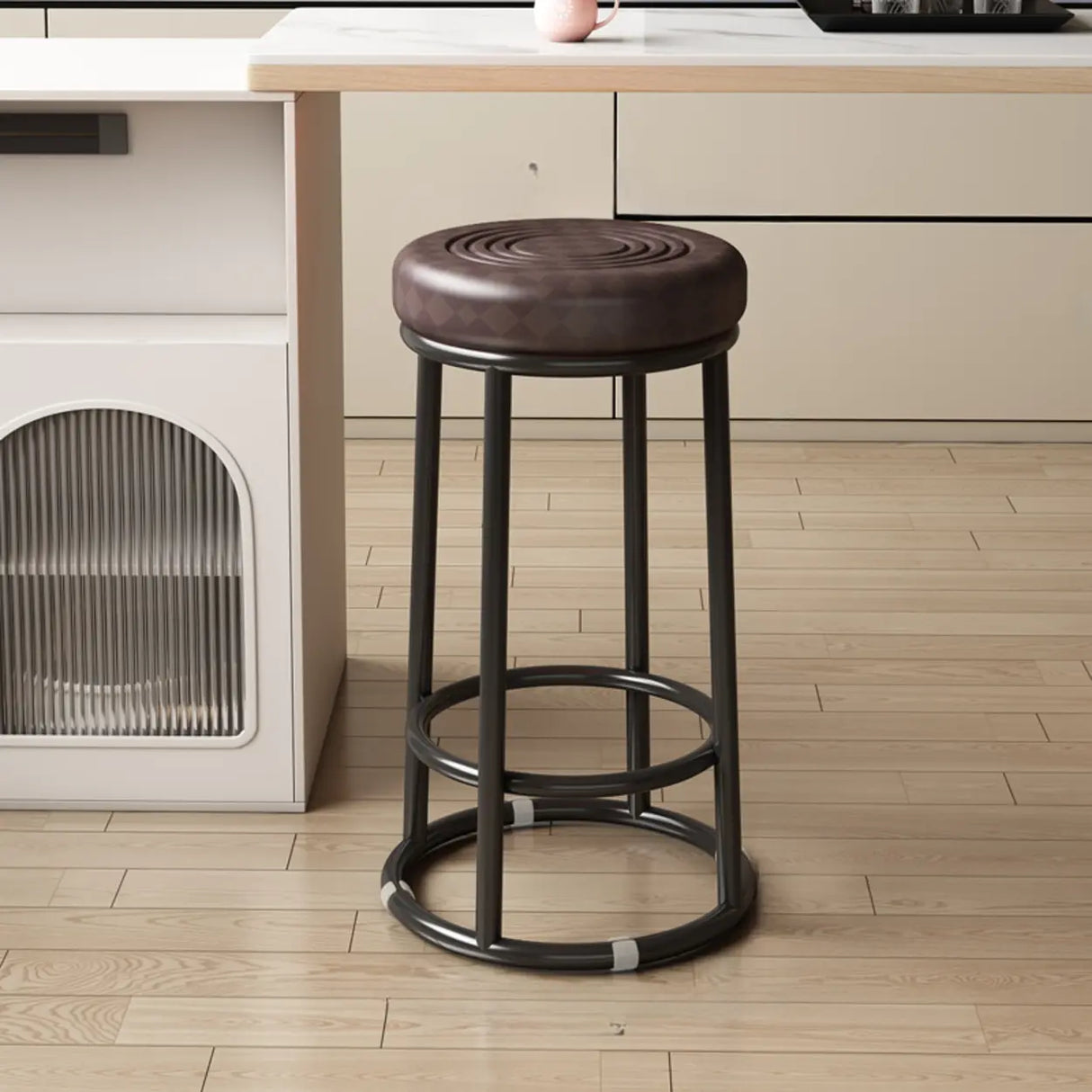 Round Leather Seat Steel Frame Backless Bar Stool Image - 20