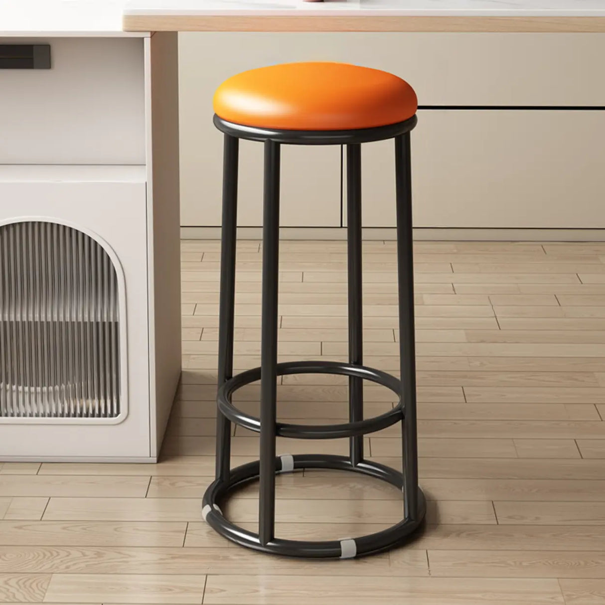 Round Leather Seat Steel Frame Backless Bar Stool Image - 21