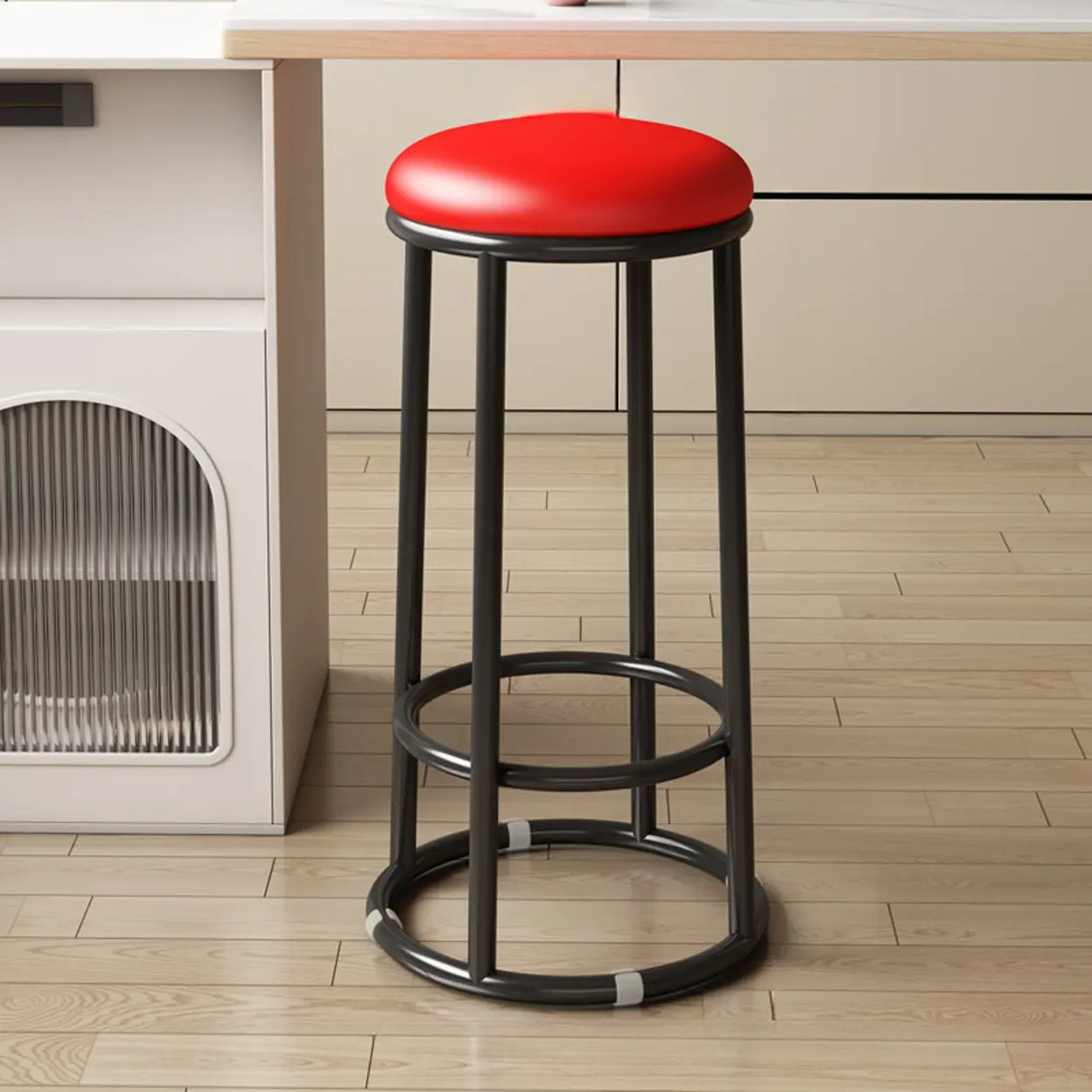 Round Leather Seat Steel Frame Backless Bar Stool Image - 22