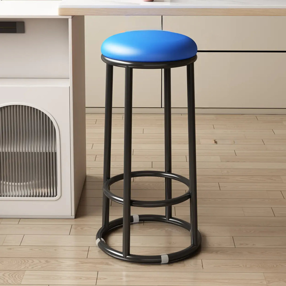 Round Leather Seat Steel Frame Backless Bar Stool Image - 23