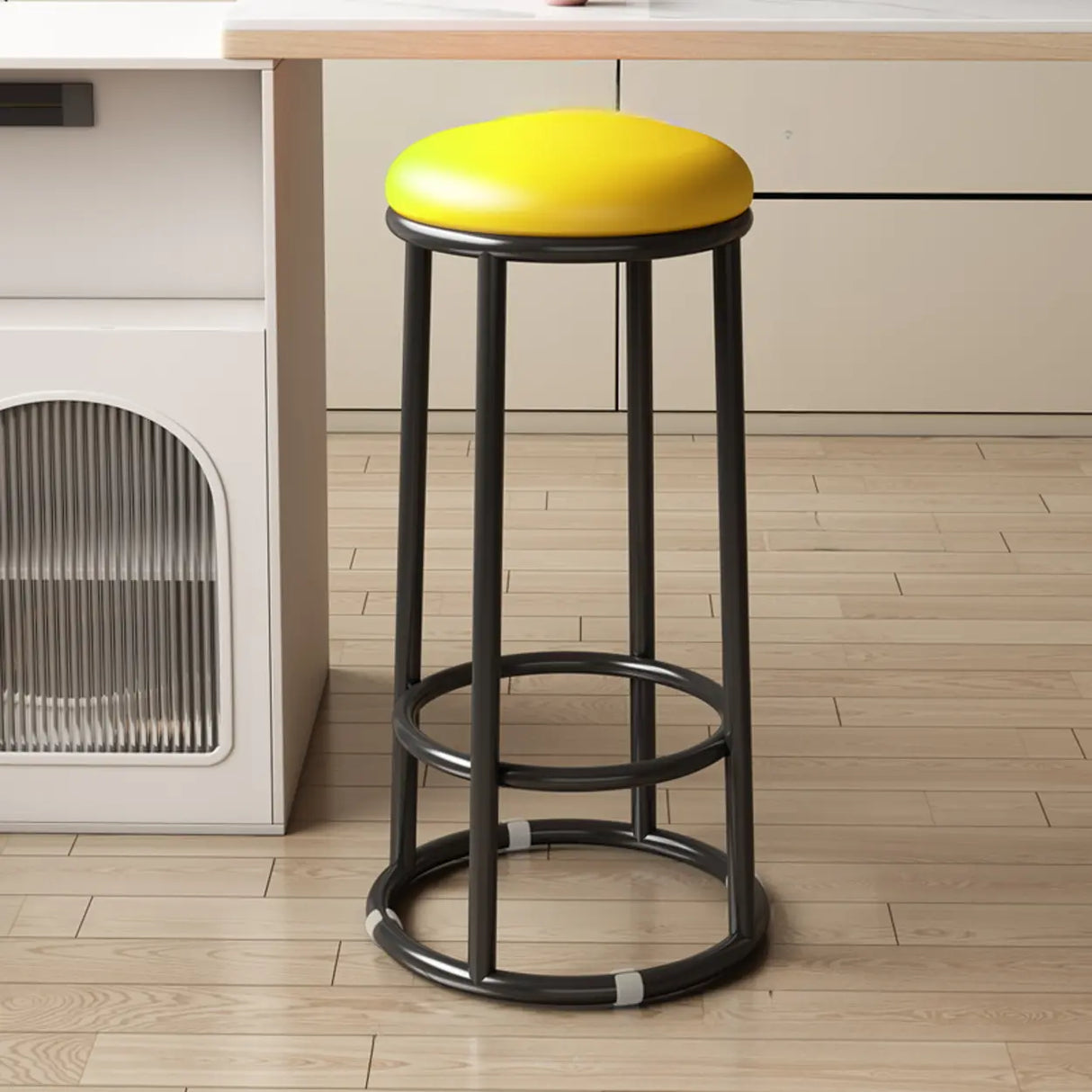 Round Leather Seat Steel Frame Backless Bar Stool Image - 24