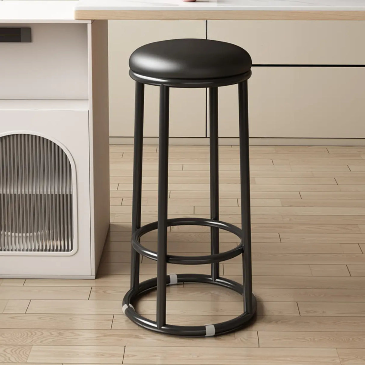 Round Leather Seat Steel Frame Backless Bar Stool Image - 25