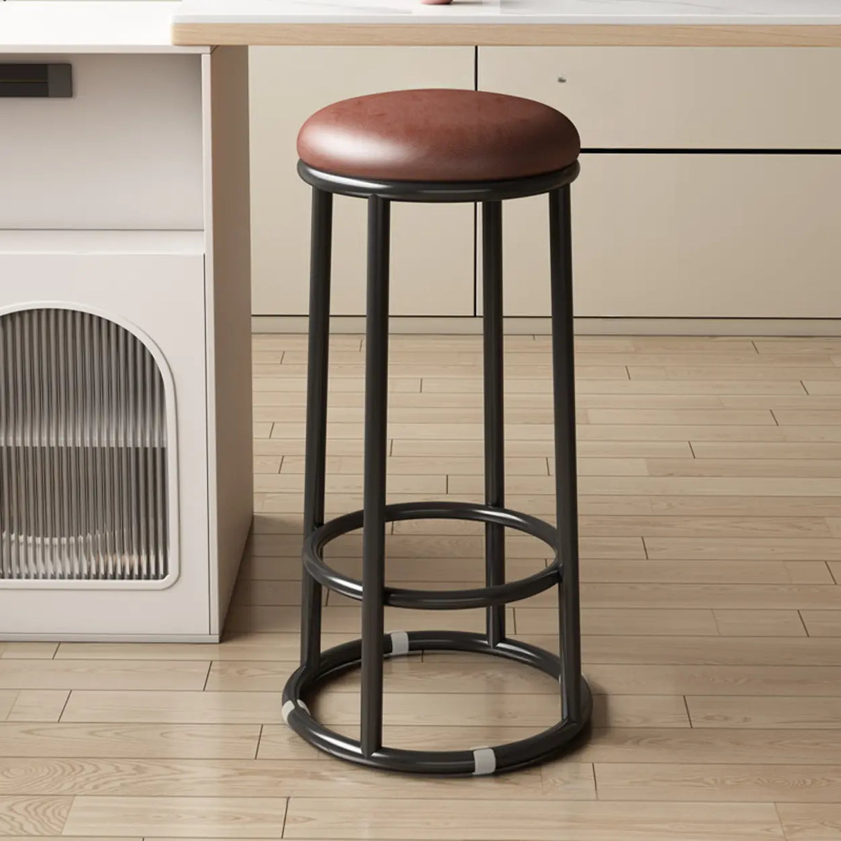 Round Leather Seat Steel Frame Backless Bar Stool Image - 26