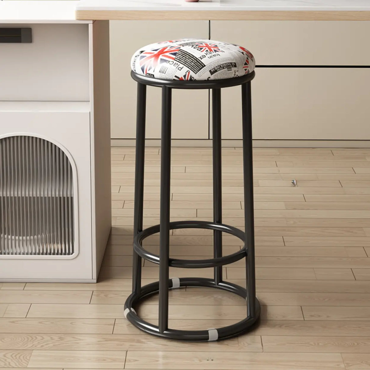 Round Leather Seat Steel Frame Backless Bar Stool Image - 27