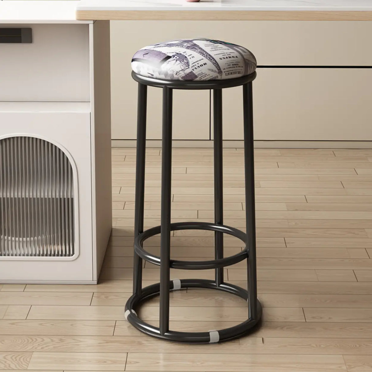 Round Leather Seat Steel Frame Backless Bar Stool Image - 28