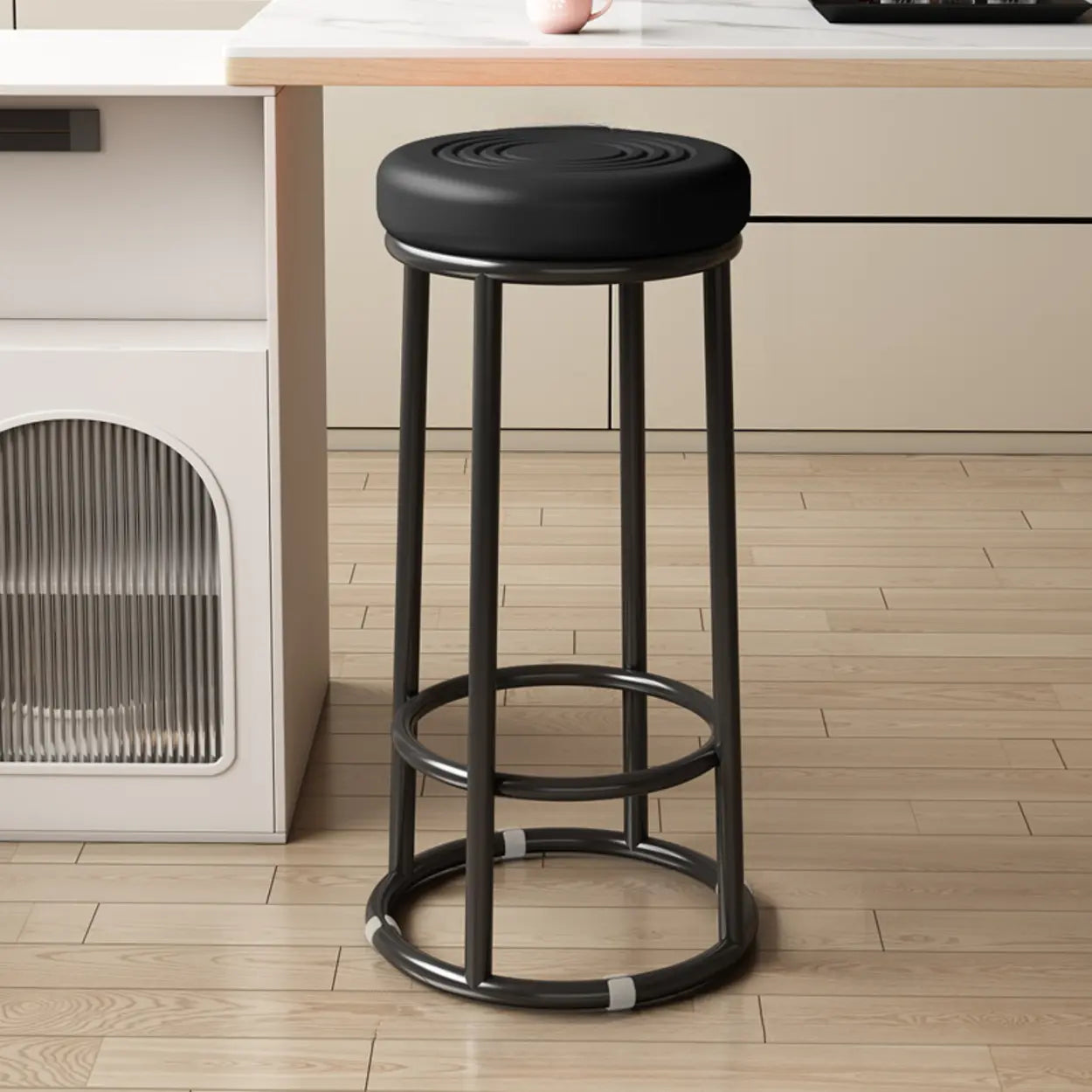 Round Leather Seat Steel Frame Backless Bar Stool Image - 29