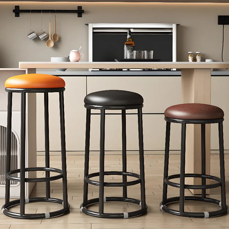 Round Leather Seat Steel Frame Backless Bar Stool Image - 2