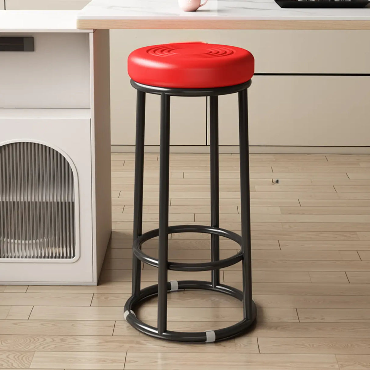 Round Leather Seat Steel Frame Backless Bar Stool Image - 30