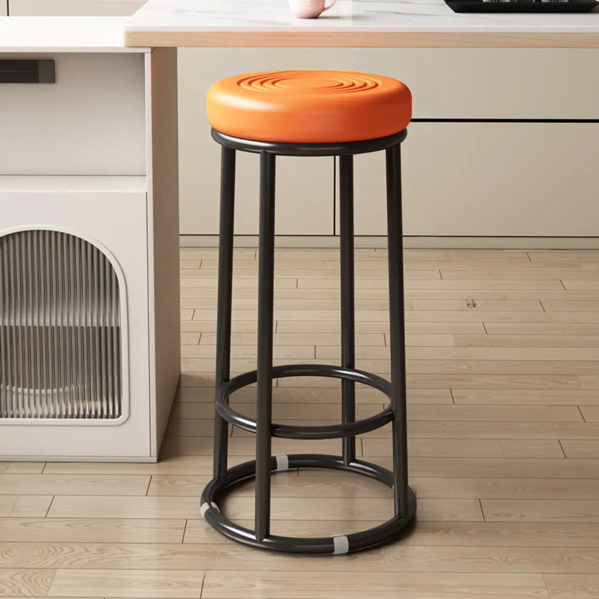 Round Leather Seat Steel Frame Backless Bar Stool Image - 31