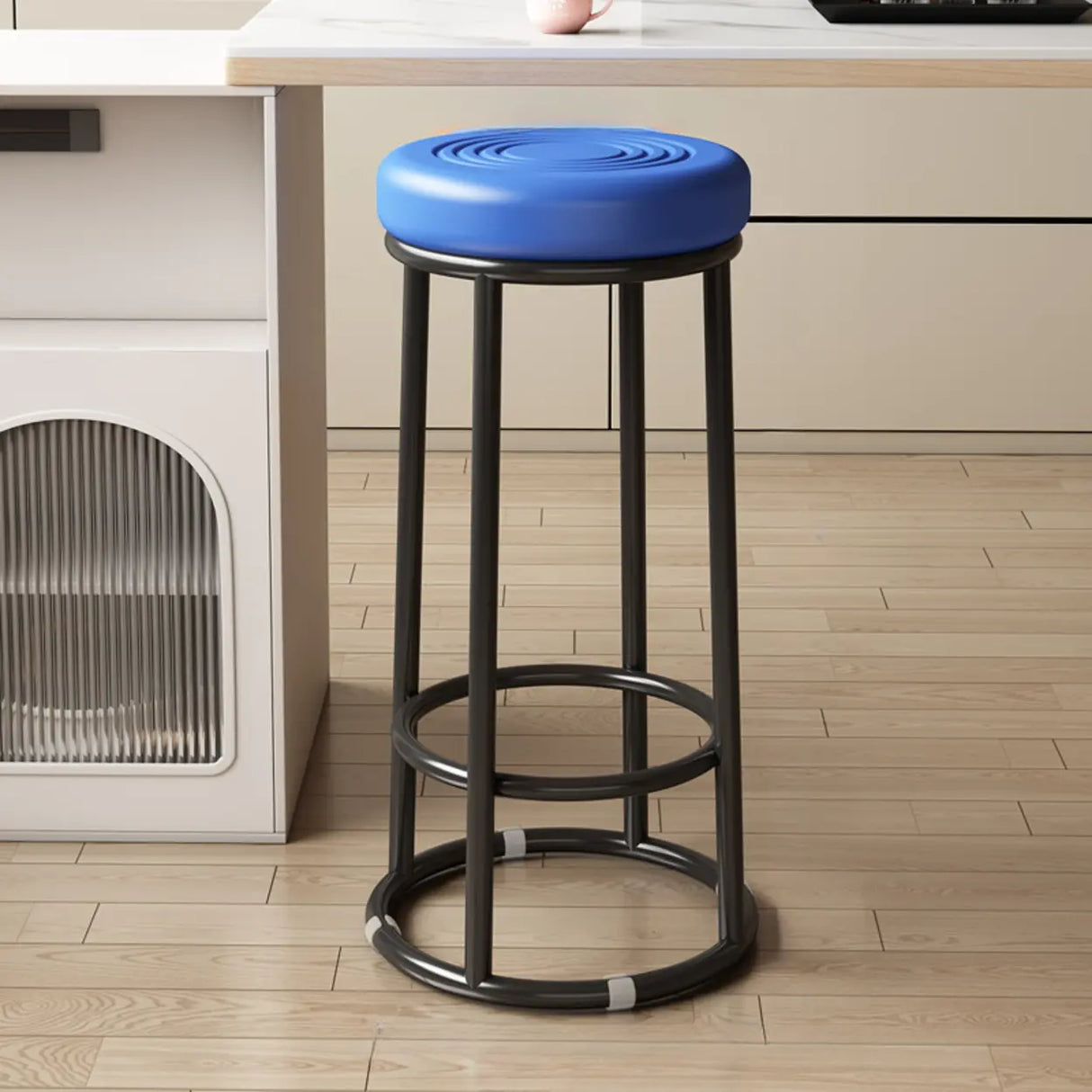 Round Leather Seat Steel Frame Backless Bar Stool Image - 32