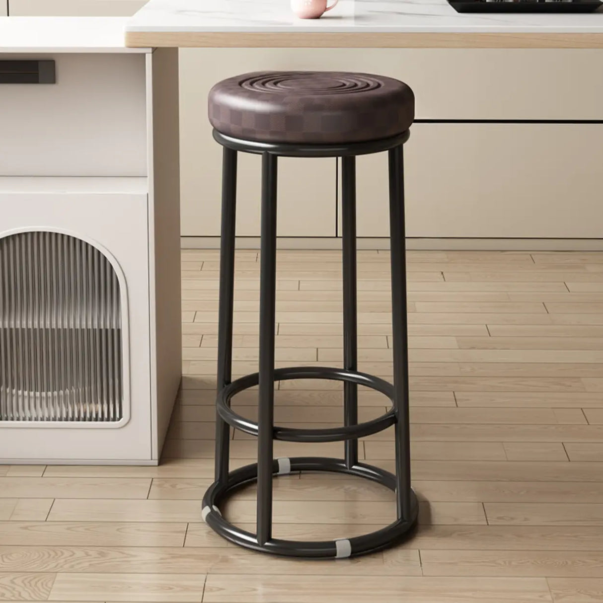 Round Leather Seat Steel Frame Backless Bar Stool Image - 33