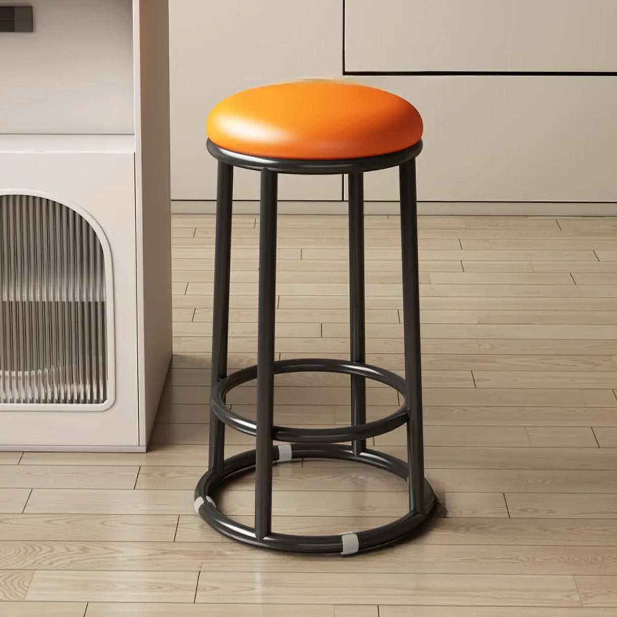 Round Leather Seat Steel Frame Backless Bar Stool Image - 3