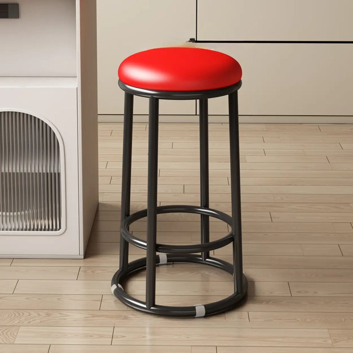 Round Leather Seat Steel Frame Backless Bar Stool Image - 4