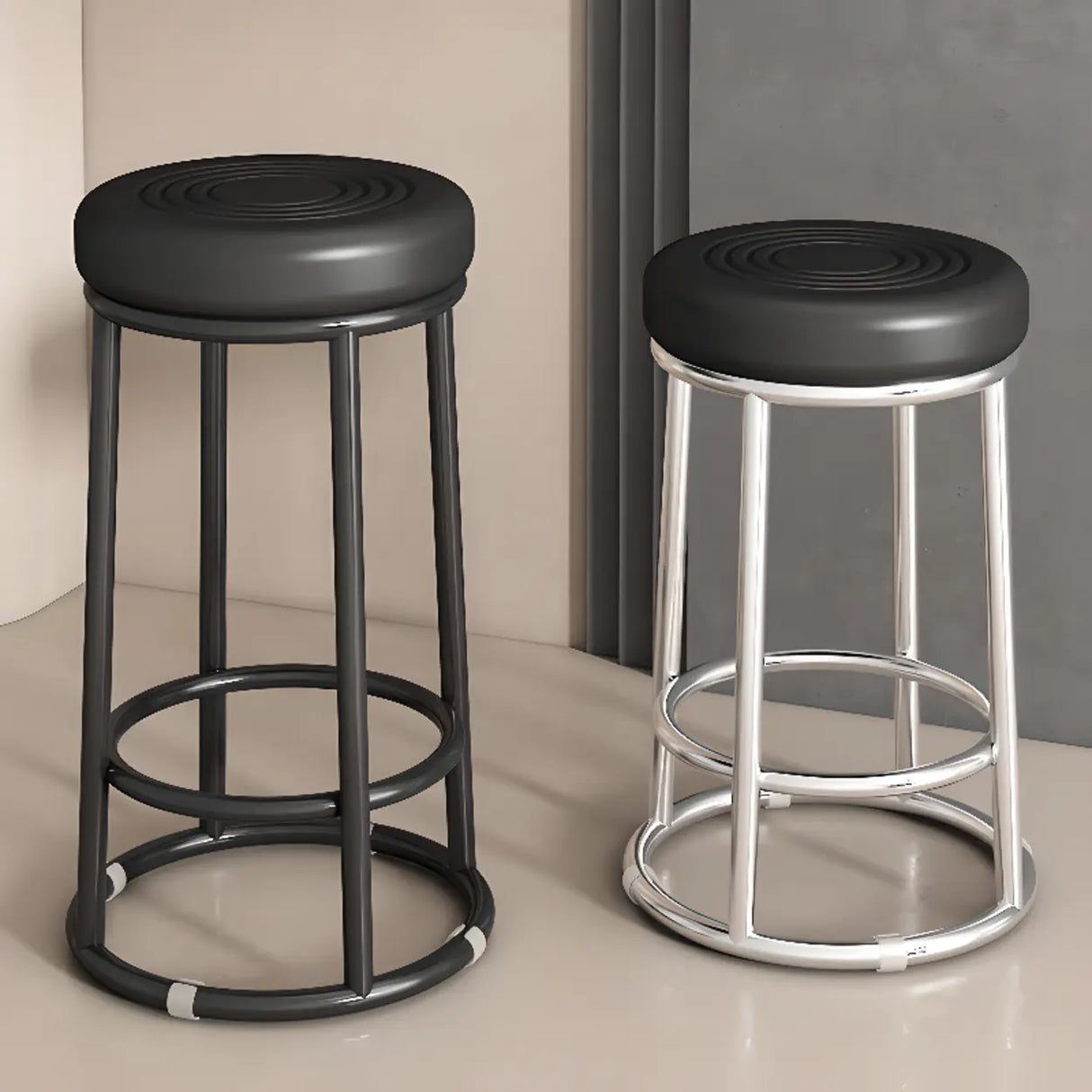 Round Leather Seat Steel Frame Backless Bar Stool Image - 5