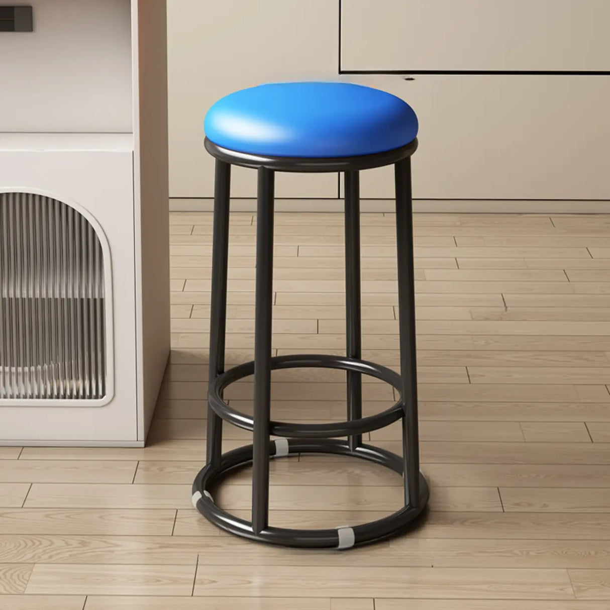 Round Leather Seat Steel Frame Backless Bar Stool Image - 6