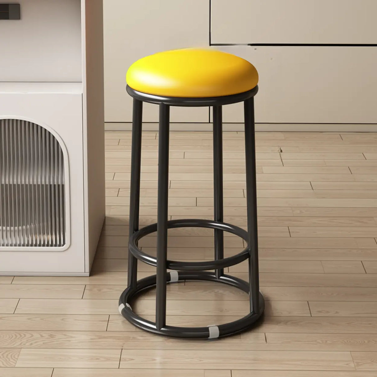 Round Leather Seat Steel Frame Backless Bar Stool Image - 7