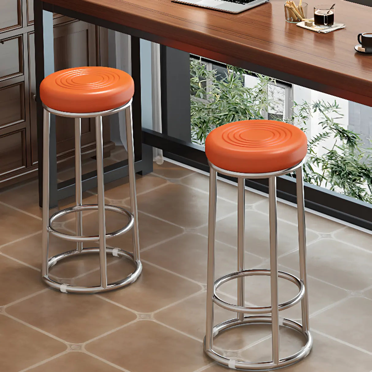 Round Leather Seat Steel Frame Backless Bar Stool Image - 8