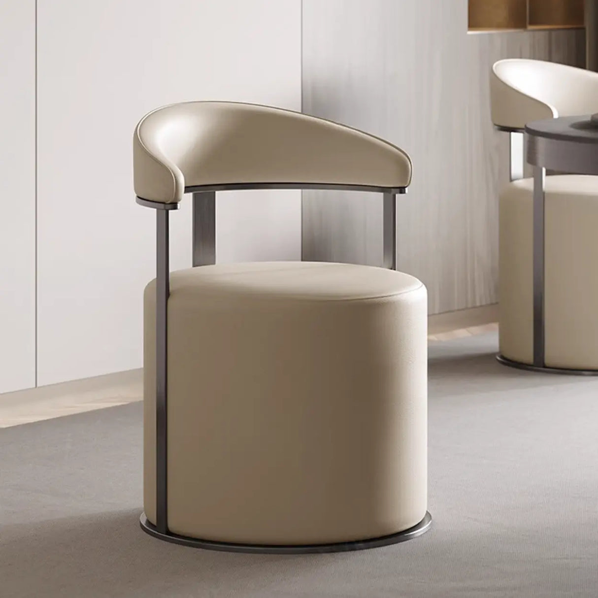 Round Leather Seating Curved Back Dining Chair Nude Image - 2