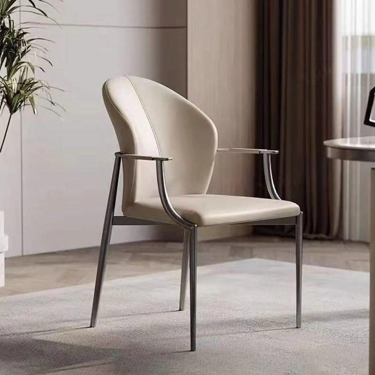 Round Leather Seating Curved Back Dining Chair Nude Image - 4