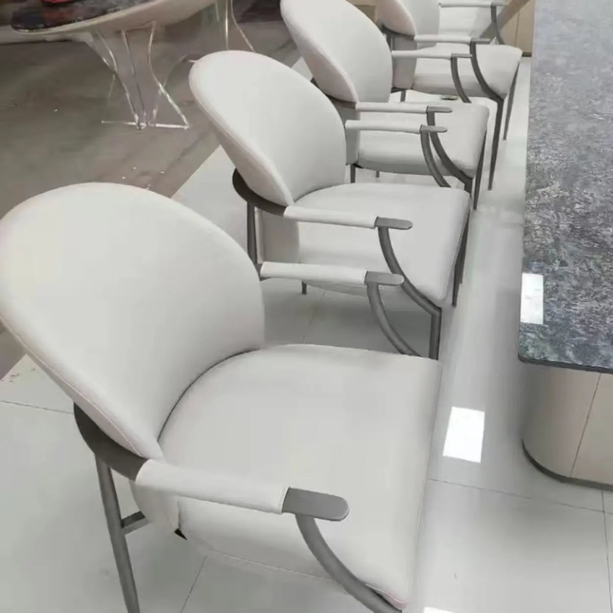 Round Leather Seating Curved Back Dining Chair Nude Image - 5