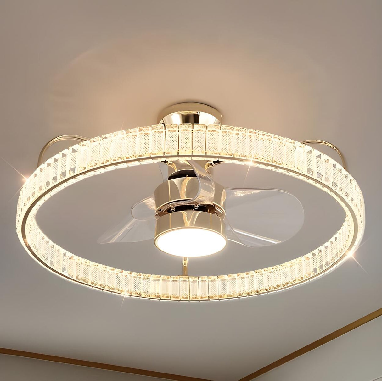 Round Luxury Gold Crystal LED Ceiling Fan with Light Image - 3