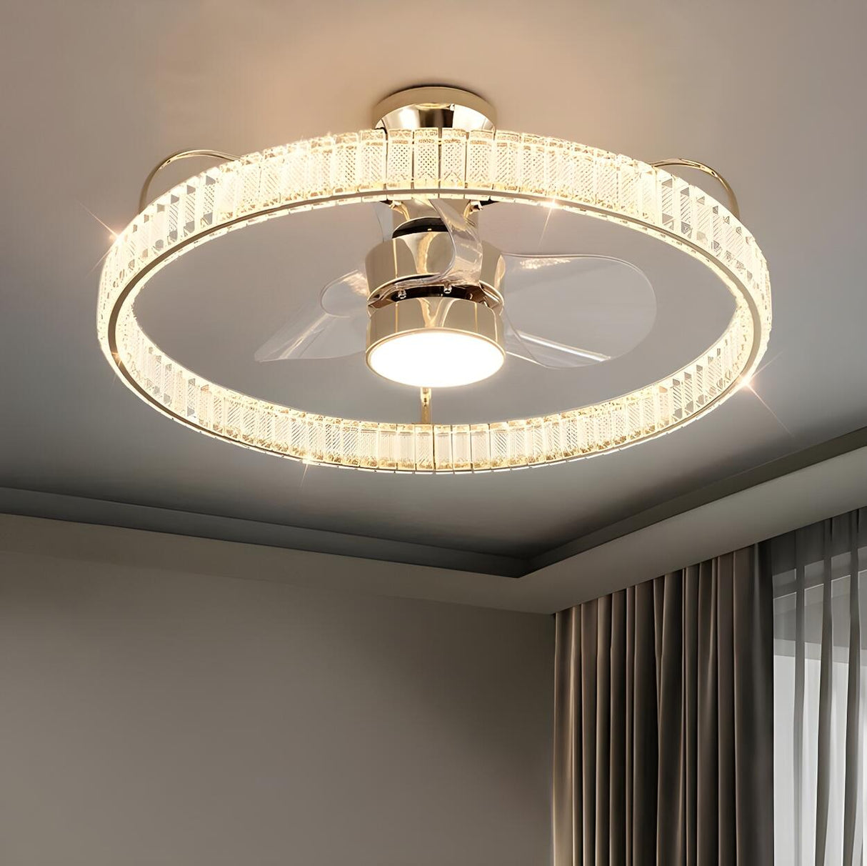 Round Luxury Gold Crystal LED Ceiling Fan with Light Image - 4