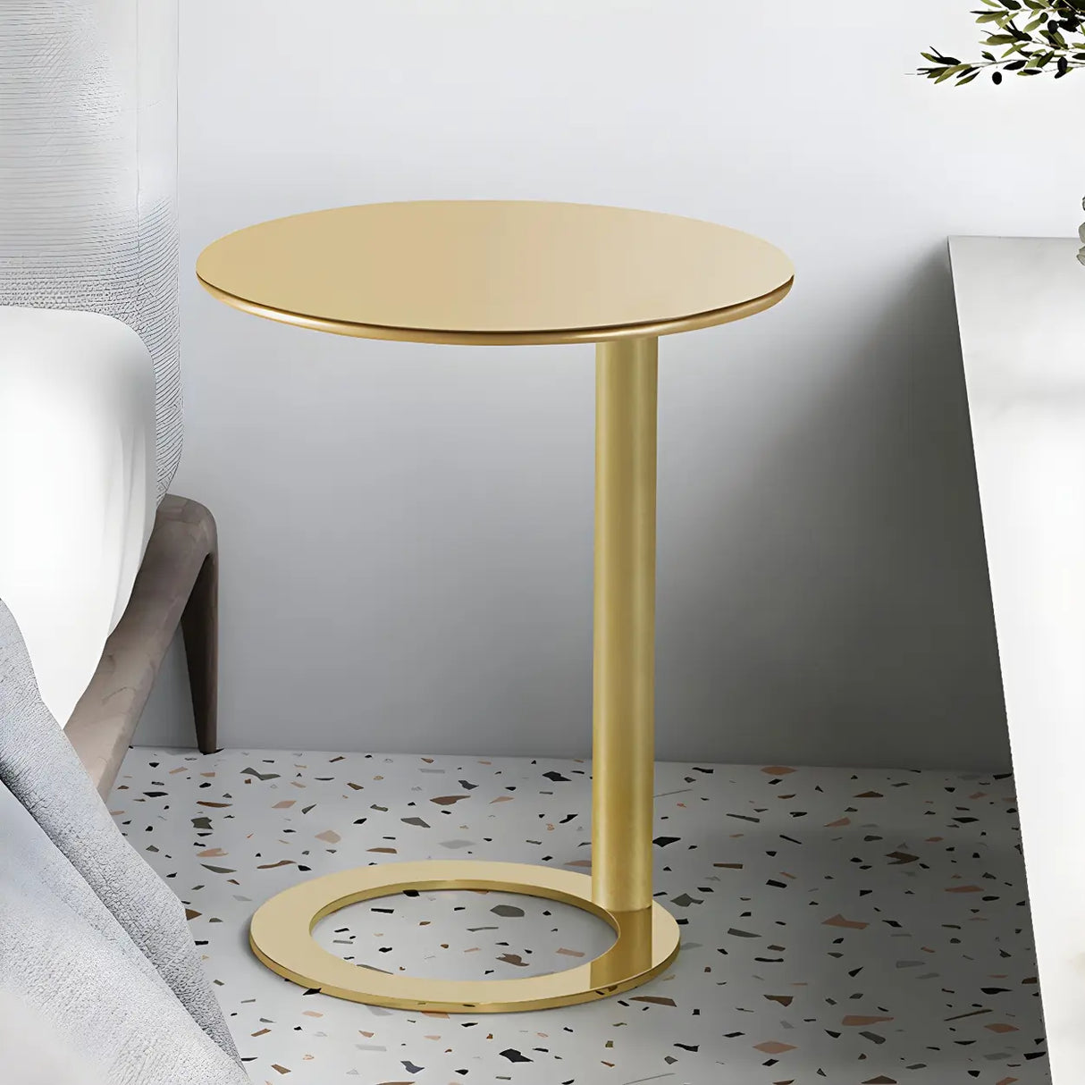 Round Metal White Pedestal Accent C-Shaped Side Table Image - 10