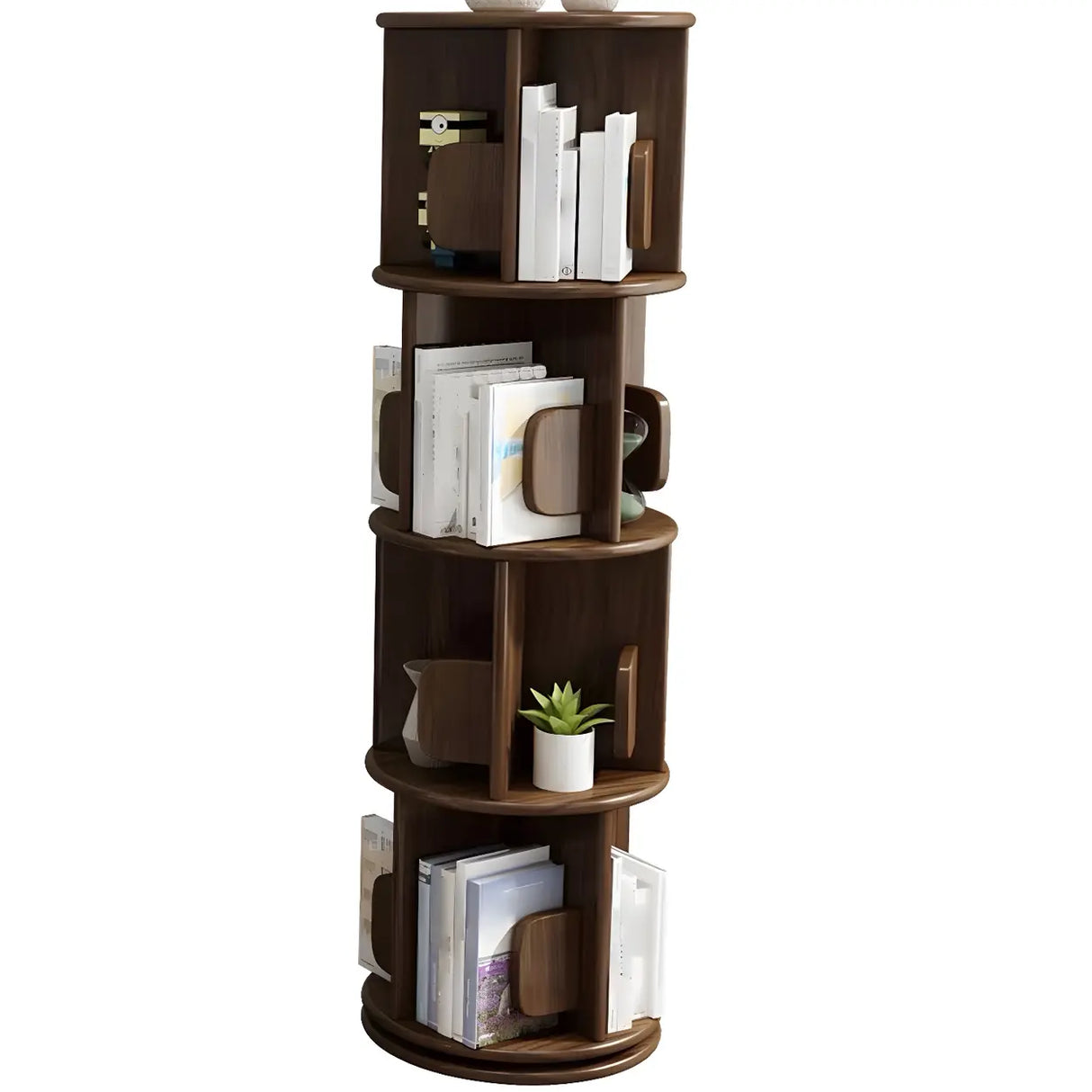 Round Natural Rotating Wood Geometric Bookcase Image - 10