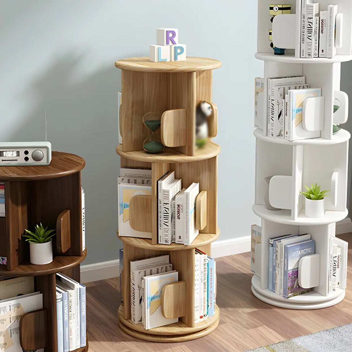 Round Natural Rotating Wood Geometric Bookcase Image - 12