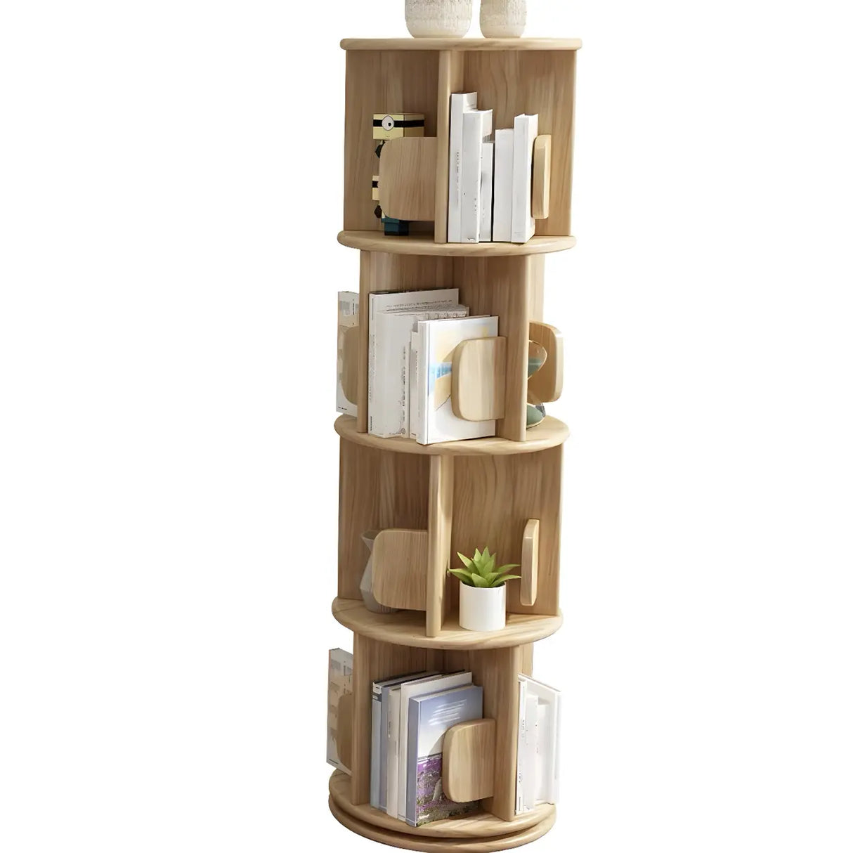 Round Natural Rotating Wood Geometric Bookcase Image - 13