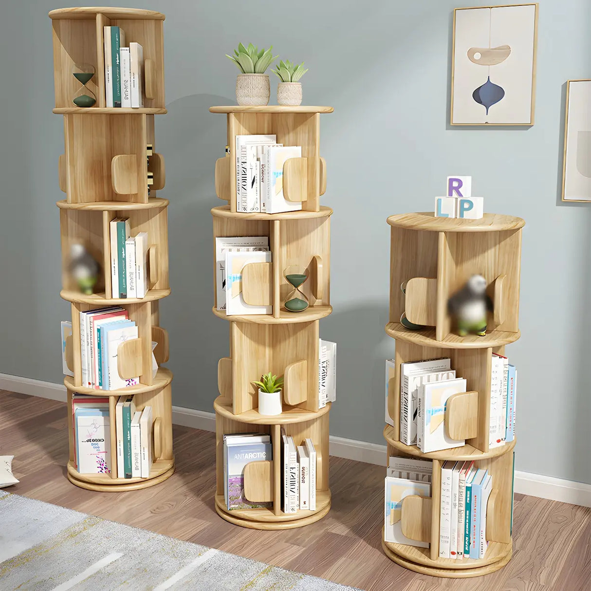 Round Natural Rotating Wood Geometric Bookcase Image - 14